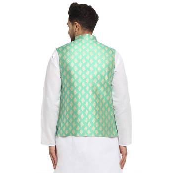 New Designer Men Aqua Green Brocade Nehru Jacket With Golden Work By Treemoda 2