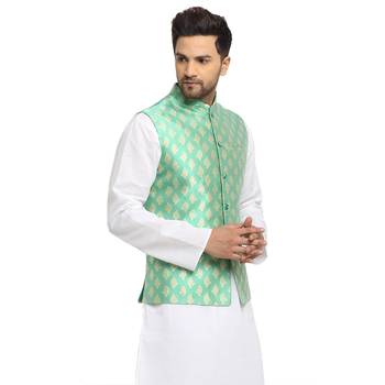 New Designer Men Aqua Green Brocade Nehru Jacket With Golden Work By Treemoda 3