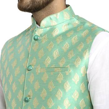 New Designer Men Aqua Green Brocade Nehru Jacket With Golden Work By Treemoda 4