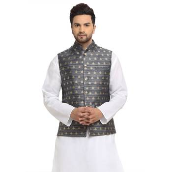 New Designer Men Dark Grey Brocade Nehru Jacket With Golden Work By Treemoda 1