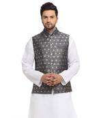 New Designer Men Dark Grey Brocade Nehru Jacket With Golden Work By Treemoda