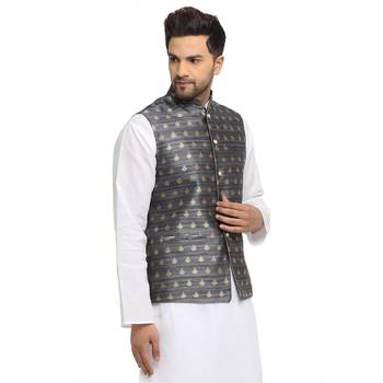 New Designer Men Dark Grey Brocade Nehru Jacket With Golden Work By Treemoda 2