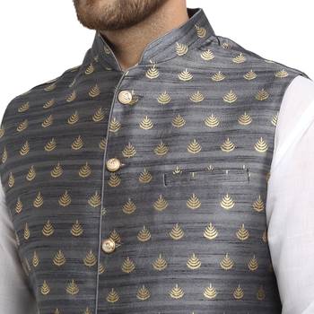 New Designer Men Dark Grey Brocade Nehru Jacket With Golden Work By Treemoda 3
