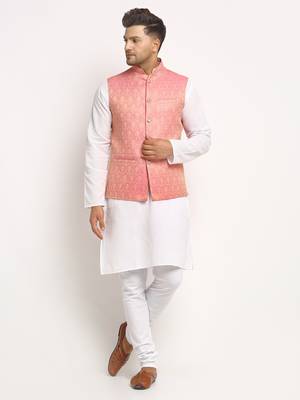 New Designer Men Pink Brocade Nehru Jacket With Golden Work By Treemoda 1
