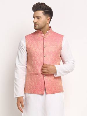 New Designer Men Pink Brocade Nehru Jacket With Golden Work By Treemoda 3