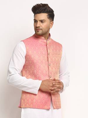 New Designer Men Pink Brocade Nehru Jacket With Golden Work By Treemoda 4