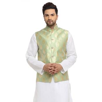 New Designer Men Tea Green Brocade Nehru Jacket With Golden Work By Treemoda 1