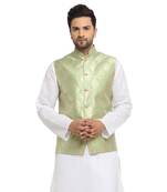 New Designer Men Tea Green Brocade Nehru Jacket With Golden Work By Treemoda