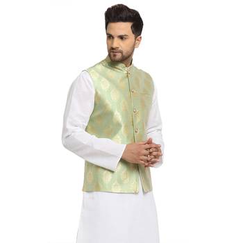 New Designer Men Tea Green Brocade Nehru Jacket With Golden Work By Treemoda 2