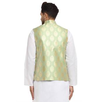 New Designer Men Tea Green Brocade Nehru Jacket With Golden Work By Treemoda 3