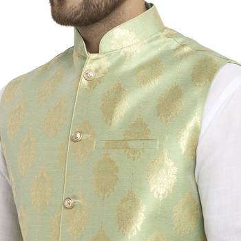 New Designer Men Tea Green Brocade Nehru Jacket With Golden Work By Treemoda 4