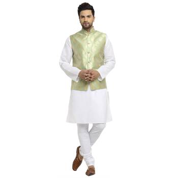 New Designer Men Tea Green Brocade Nehru Jacket With Golden Work By Treemoda 5