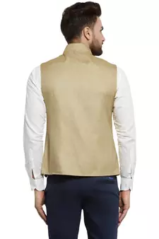 Men Beige plain faux jute nehru-jacket