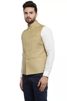 Men Beige plain faux jute nehru-jacket