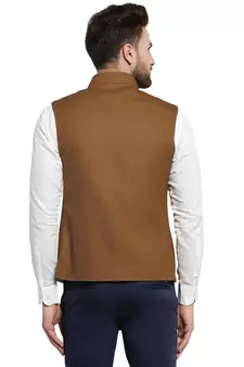 Caramal Brown Plain Nehru Jacket for Men Stylish Latest Design Suitable for Ethnic Wear