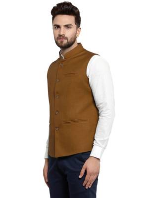 Caramal Brown Plain Nehru Jacket for Men Stylish Latest Design Suitable for Ethnic Wear 4