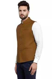 Caramal Brown Plain Nehru Jacket for Men Stylish Latest Design Suitable for Ethnic Wear