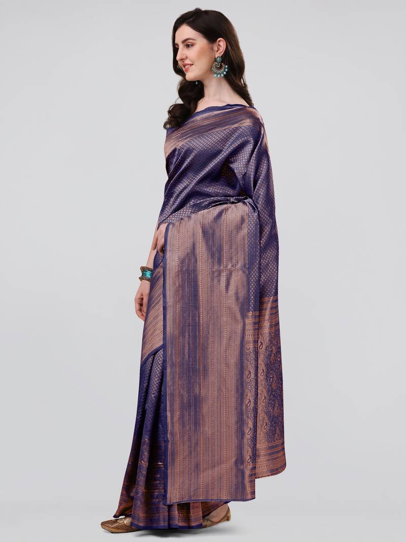 Blue woven banarasi silk saree with blouse