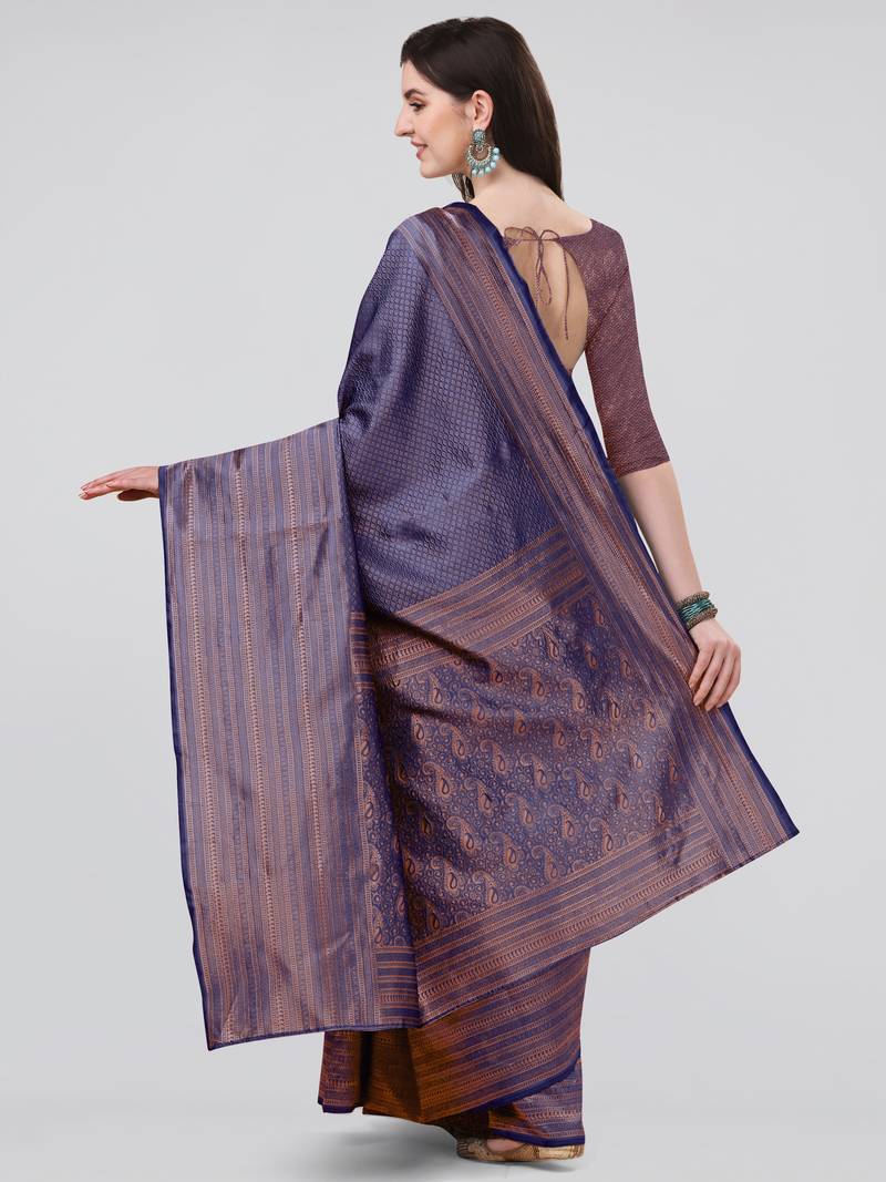 Blue woven banarasi silk saree with blouse