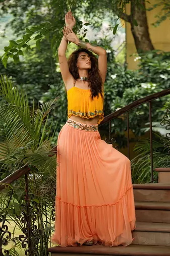 Dilruba Marigold Boho Top With Peach Skirt