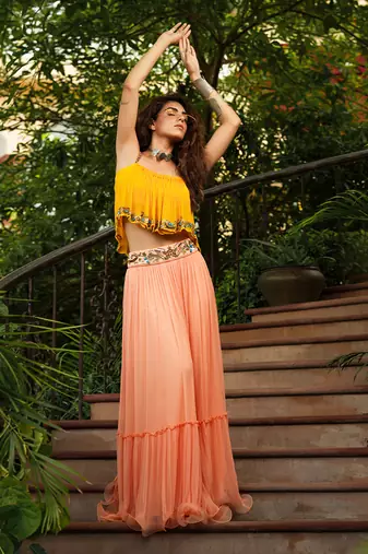 Dilruba Marigold Boho Top With Peach Skirt
