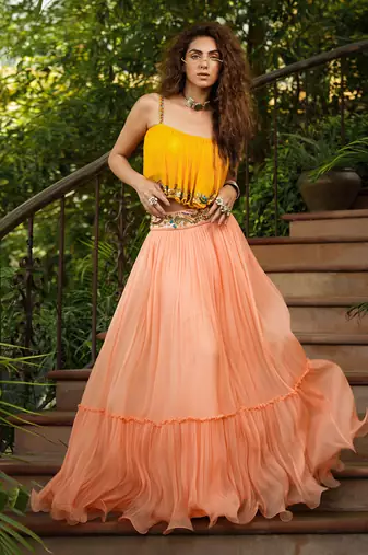 Dilruba Marigold Boho Top With Peach Skirt