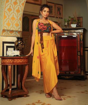 Dilruba Coco Brown Yellow Rangeen Sitara Tie Up Top With Drape Skirt Cape Set 1