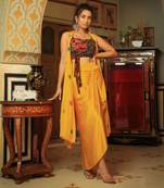 Dilruba Coco Brown Yellow Rangeen Sitara Tie Up Top With Drape Skirt Cape Set