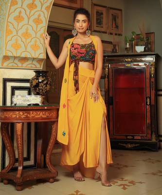 Dilruba Coco Brown Yellow Rangeen Sitara Tie Up Top With Drape Skirt Cape Set 2