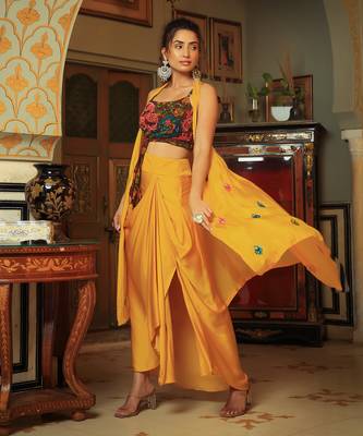 Dilruba Coco Brown Yellow Rangeen Sitara Tie Up Top With Drape Skirt Cape Set 3