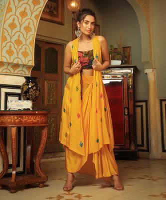 Dilruba Coco Brown Yellow Rangeen Sitara Tie Up Top With Drape Skirt Cape Set 4