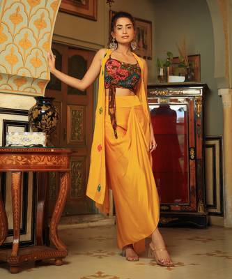 Dilruba Coco Brown Yellow Rangeen Sitara Tie Up Top With Drape Skirt Cape Set 5