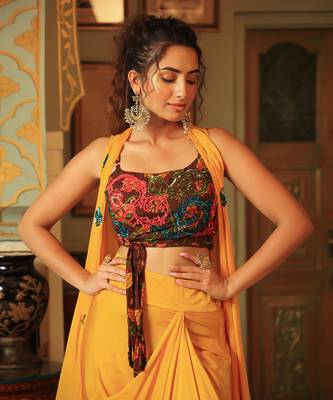 Dilruba Coco Brown Yellow Rangeen Sitara Tie Up Top With Drape Skirt Cape Set 6