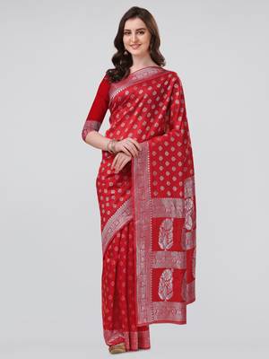 Red woven banarasi silk saree with blouse 1