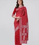 Red woven banarasi silk saree with blouse