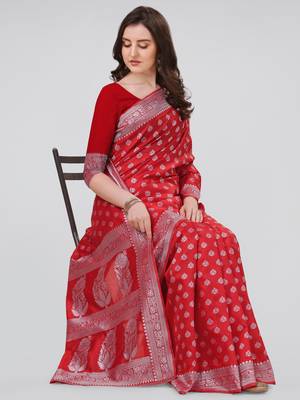 Red woven banarasi silk saree with blouse 2