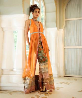 Dilruba Narangi Longline Ruched Jacket & Pants Set 2