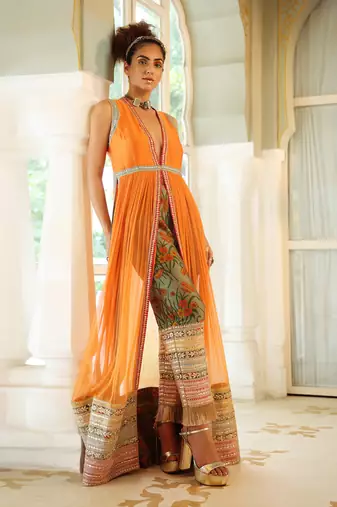 Dilruba Narangi Longline Ruched Jacket & Pants Set