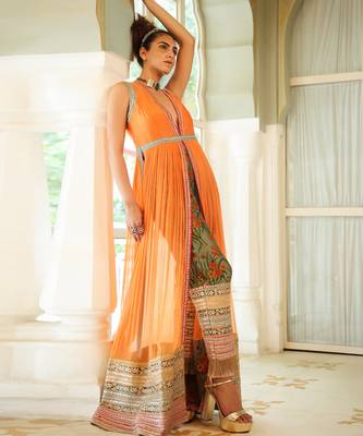 Dilruba Narangi Longline Ruched Jacket & Pants Set 3