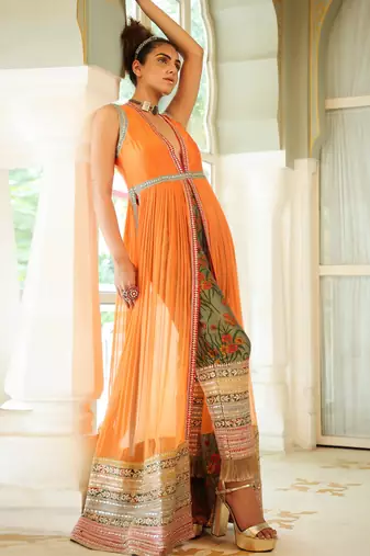 Dilruba Narangi Longline Ruched Jacket & Pants Set