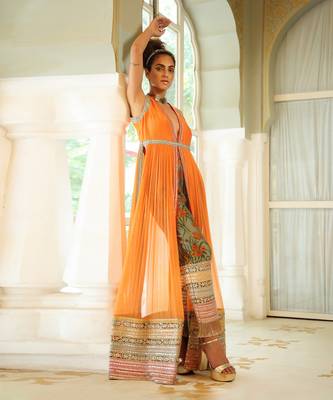 Dilruba Narangi Longline Ruched Jacket & Pants Set 4