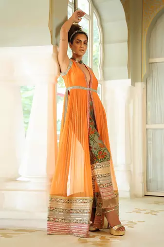 Dilruba Narangi Longline Ruched Jacket & Pants Set