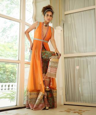 Dilruba Narangi Longline Ruched Jacket & Pants Set 5