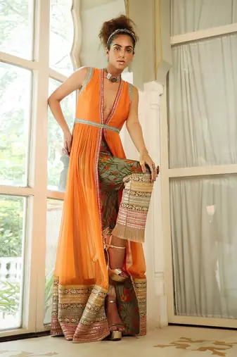 Dilruba Narangi Longline Ruched Jacket & Pants Set