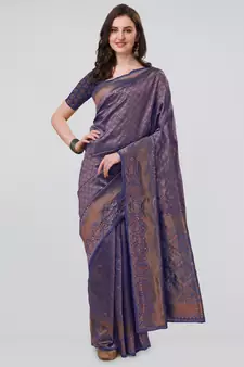 Navy blue woven banarasi silk saree with blouse