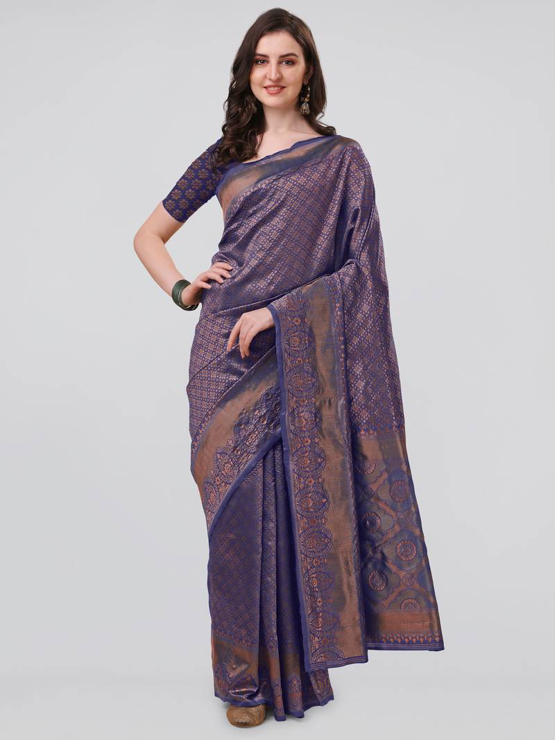 Navy blue woven banarasi silk saree with blouse