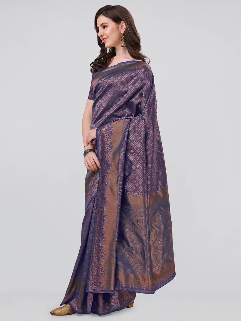 Navy blue woven banarasi silk saree with blouse