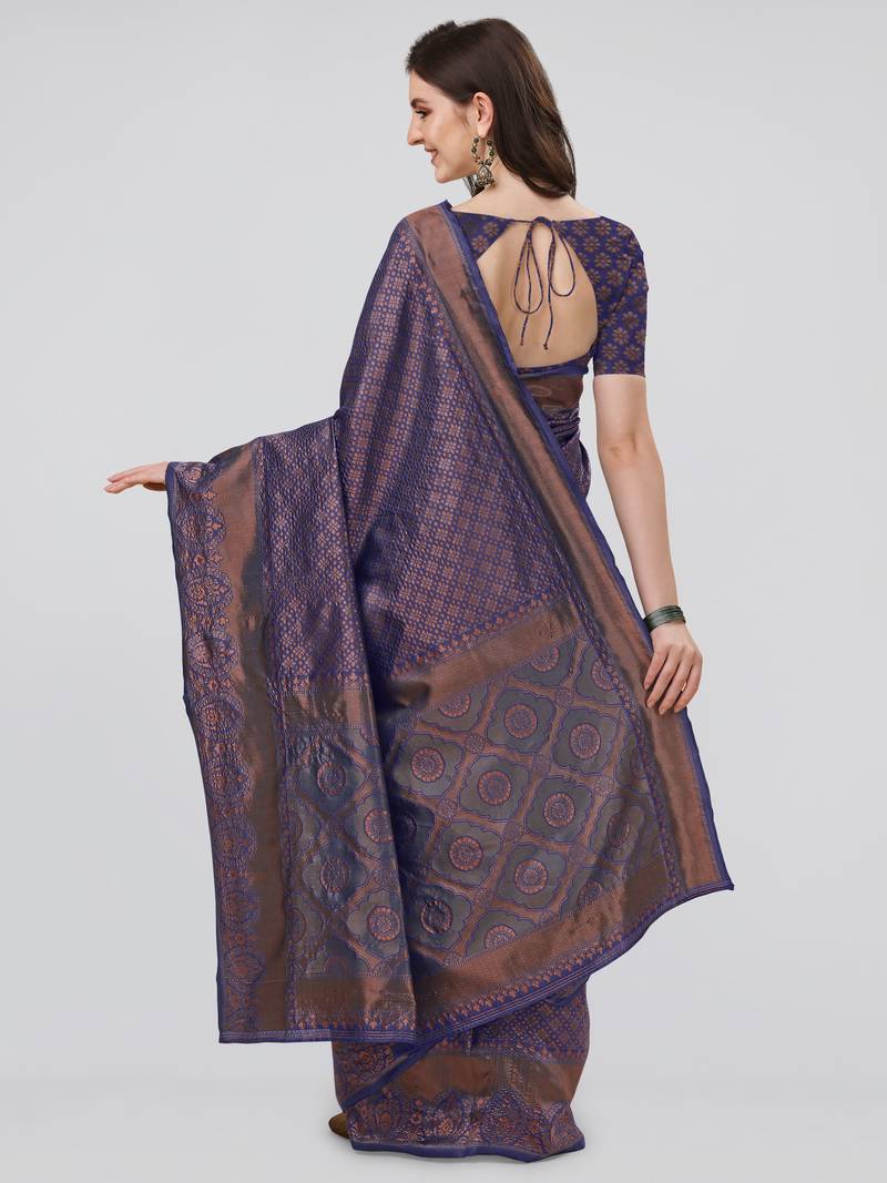 Navy blue woven banarasi silk saree with blouse