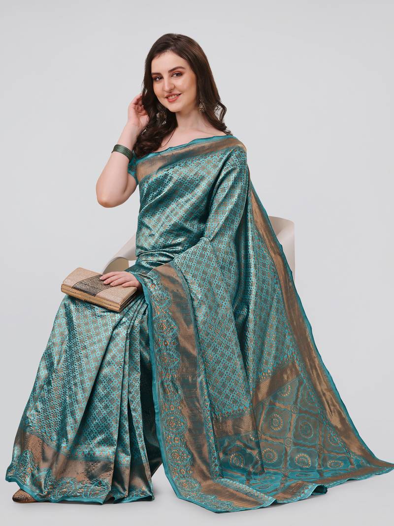 Turquoise woven banarasi silk saree with blouse