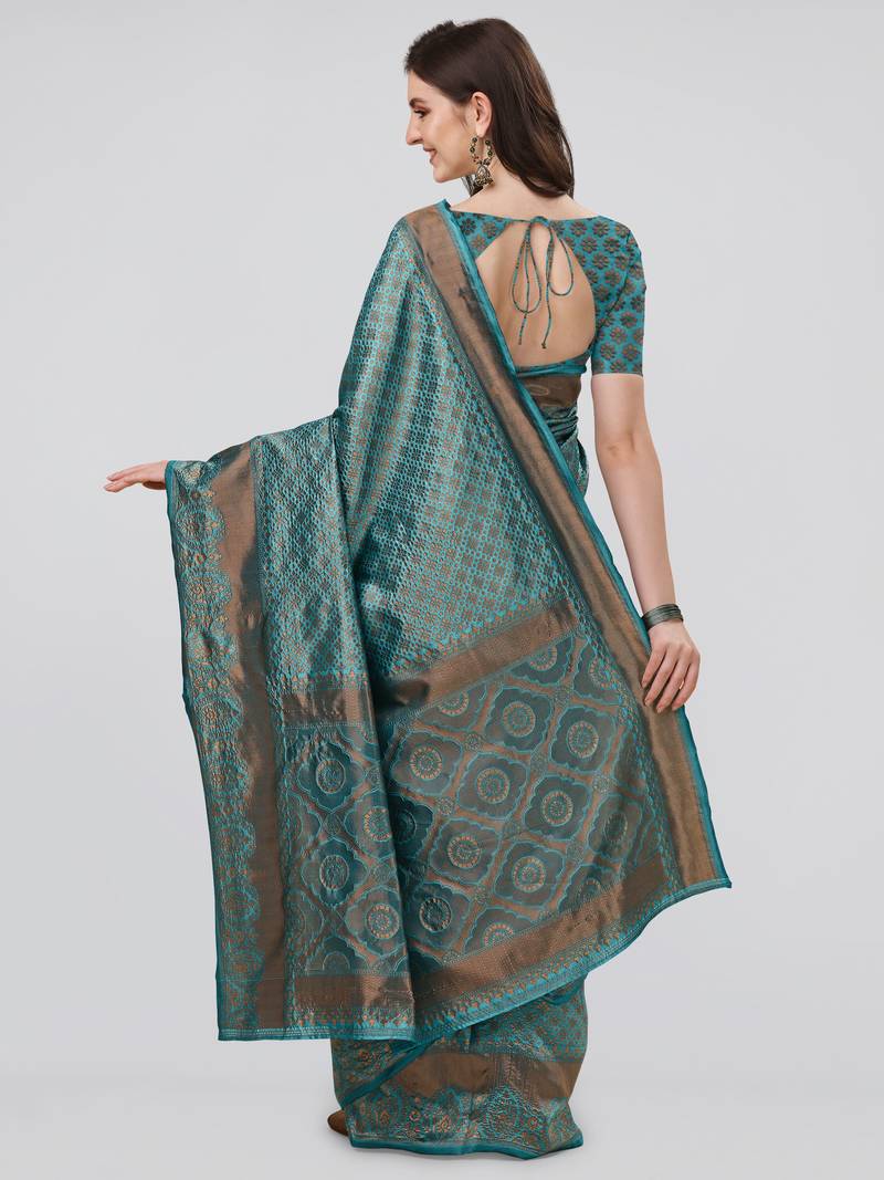 Turquoise woven banarasi silk saree with blouse